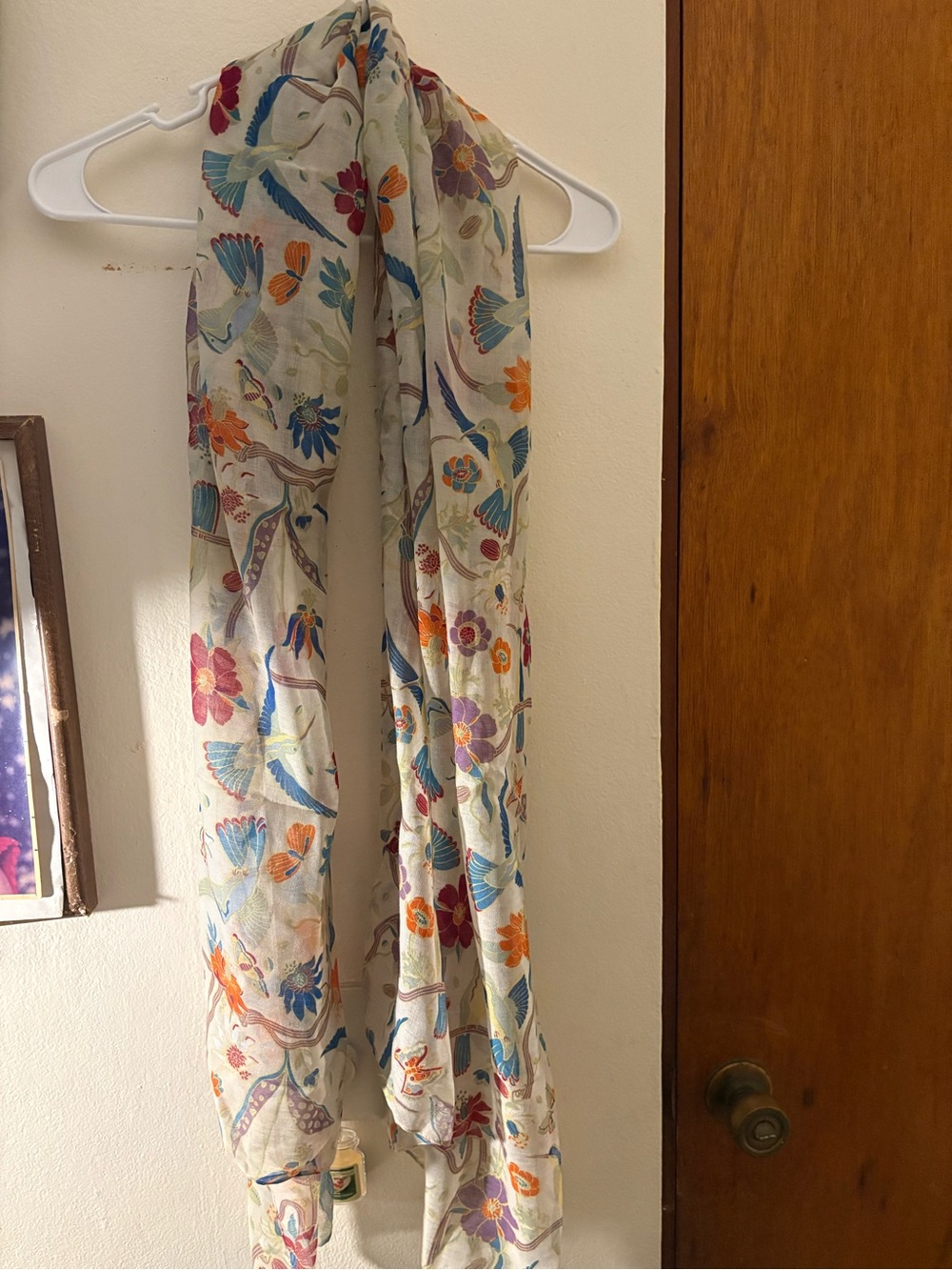 Lightweight Cream Floral & Bird Print Scarf